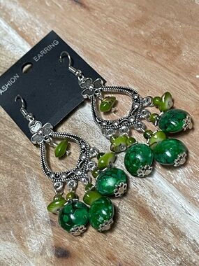 Silver-Tone Boho Green Bead Chandelier Earrings
